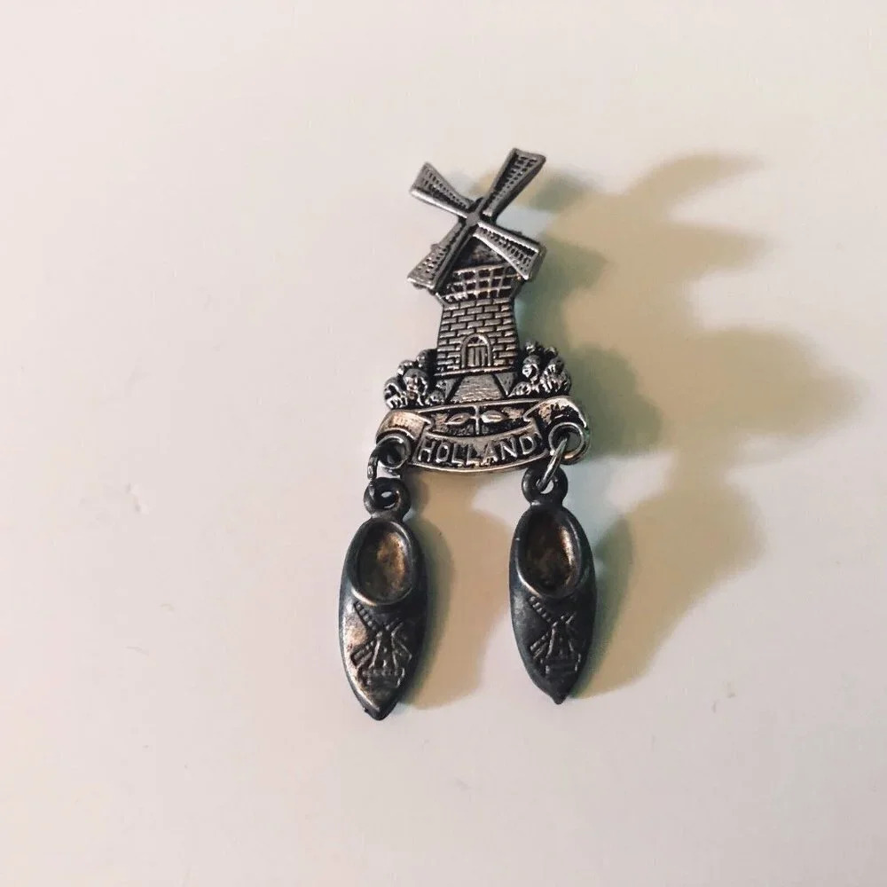 Vintage Holland Souvenir Pin Miniature Clogs Windmills Dutch Travel